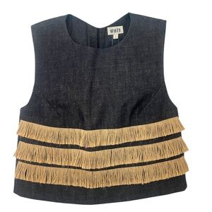 WHIT Denim and Tan Fringe Top